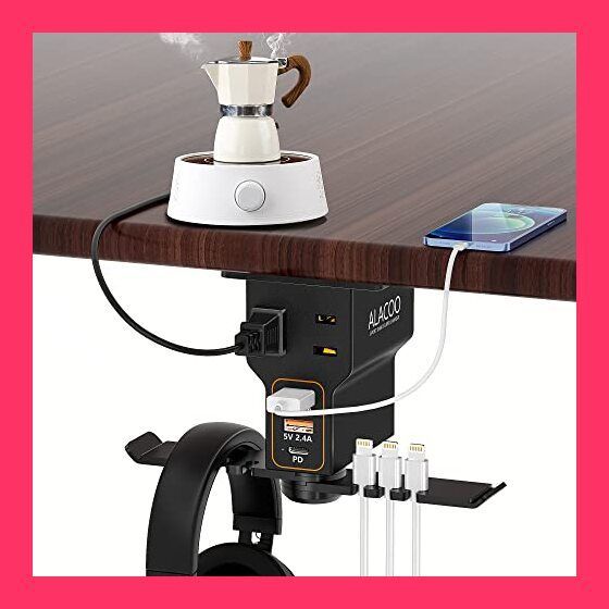 スタッフおすすめ！売れ筋ヘッドフォンスタンド Type C 1個 * USB A 充電ポート2個付き 2プロングACコンセント 電源ヘッドセットハンガー ヘッドホンホルダー フック 充電ステーション デスク下