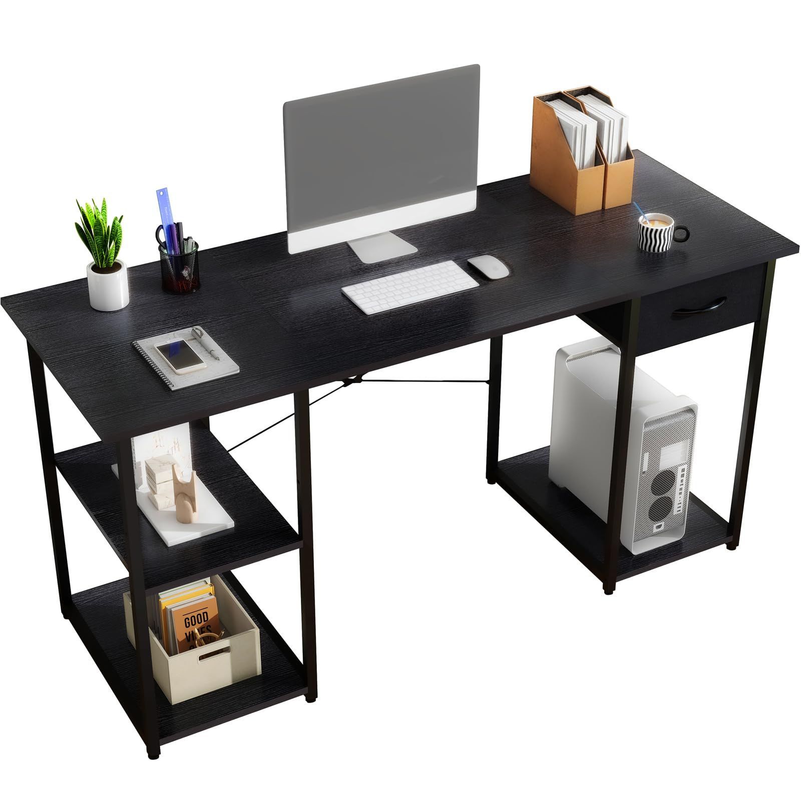 LYNCOHOME 左右対応 パソコンデスク pcデスク ゲーミングデスク 机 学習机 computer desk ワークデスク 収納付きデスク 幅140cm ブラック 黒