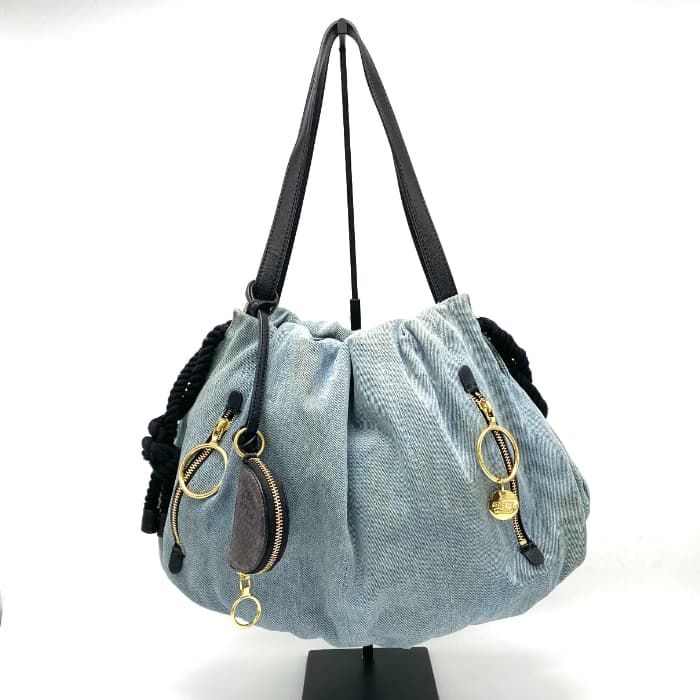 【中古】良品 SeeByChloe シーバイクロエ ロープ 巾着 ポーチ付 デニム ハンド ワン ショルダー バッグ eD0141M