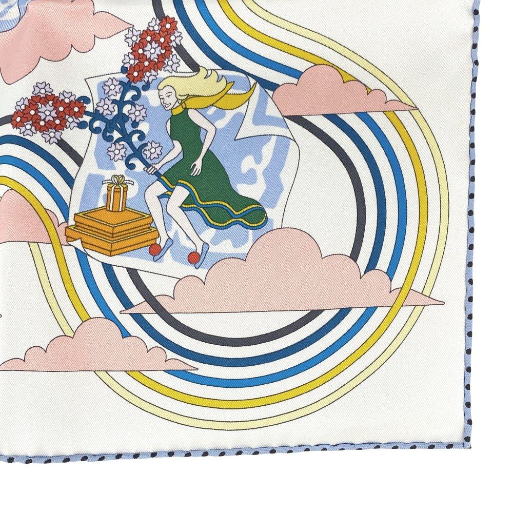 エルメス カレ70 スカーフ CARRES VOLANTS 空飛ぶカレ お花 フラワー シルク ホワイト 箱 444425 11