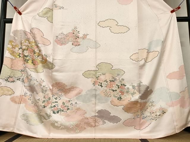 平和屋着物●訪問着　駒刺繍　雲重ね草花文　金彩　正絹　逸品　AAAV7358zg 平和屋着物○訪問着 駒刺繍 雲重ね草花文 金彩 正絹 逸品 AAAV7358zg