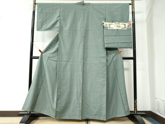 平和屋着物 本場結城玉紬 結織苑 色無地 青白橡色 証紙付き 正絹 CAAW8311yc