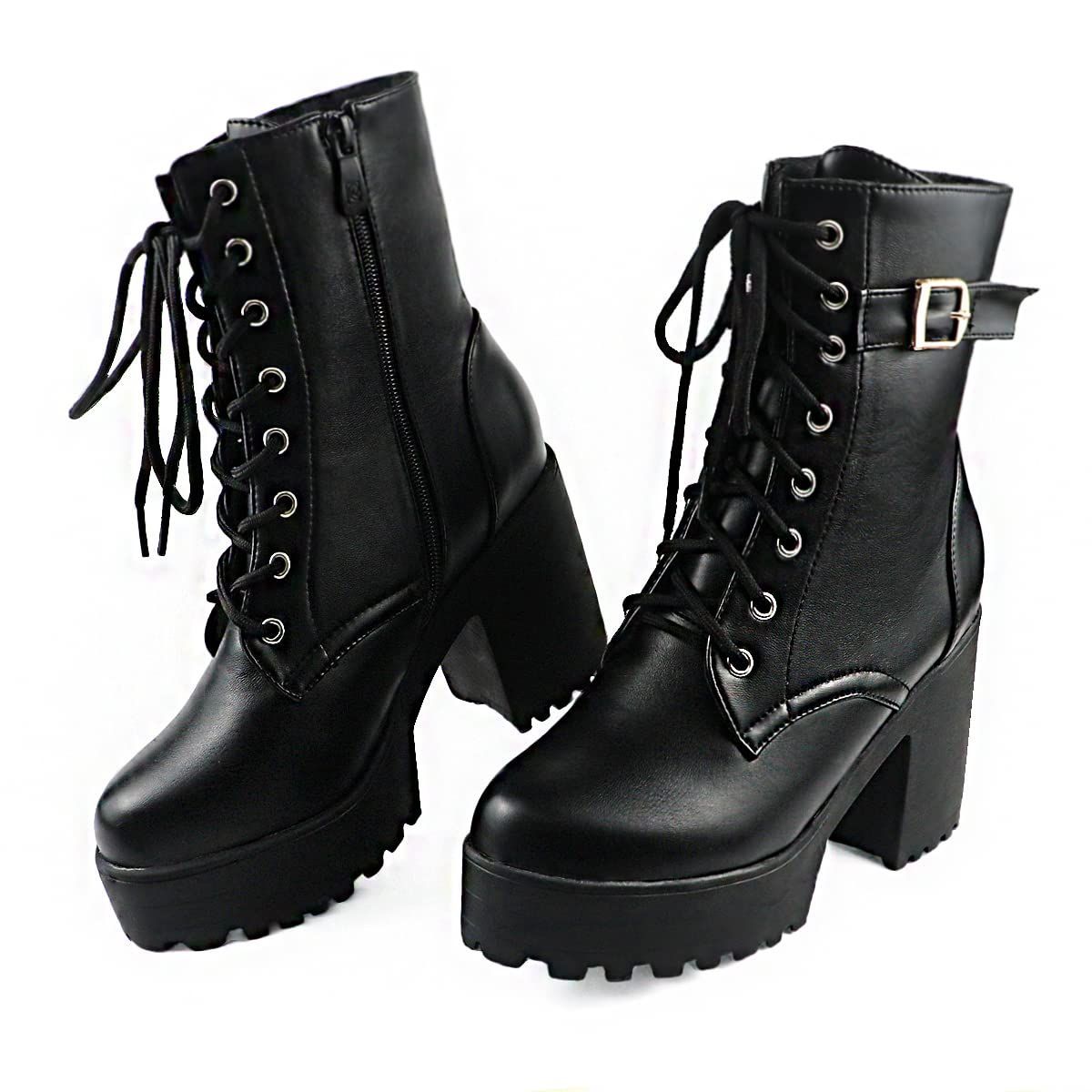 26.5 cm_A-ブラック [KiniYitta] ブーツ サイドジッパー 厚底ブーツ レディース ショートブーツ 編み上げ バックル 太ヒール 美脚 カジュアルシューズ 黒 地雷系 コスプレ シンプル 無地 プラットフォーム ファスナー 歩きやすい