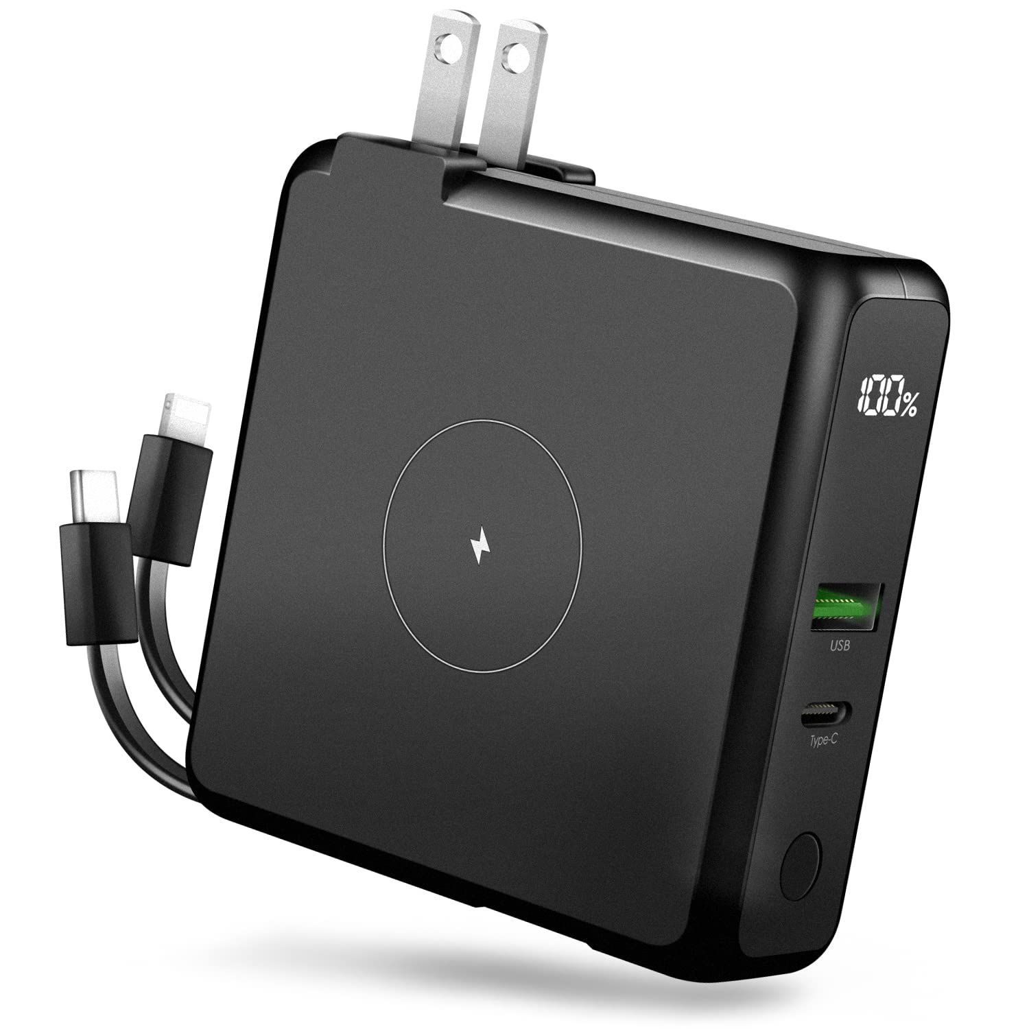 軽量 iPhone/iPad/Android/HUAWEI/SAMSUNGなど各種対応 スマホ充電器（有線＆無線充電）残量表示 USB-C出入力ポート 充電・蓄電一体 携帯【PSE認証済】（ブラック） 折畳式プラグ 大容量【22.5W急速充電