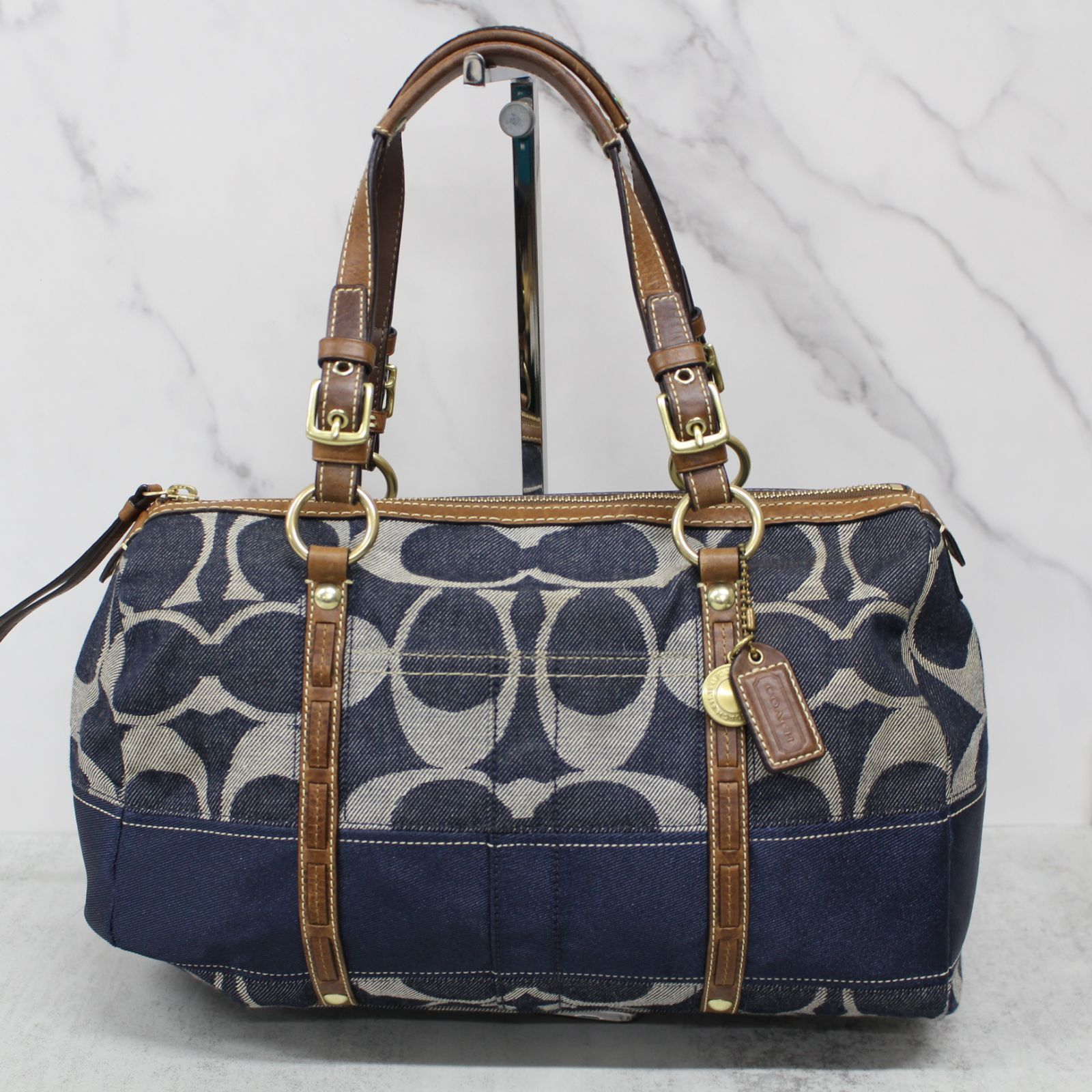 S184)COACH/コーチ シグネチャー デニムストライプ ミニボストンバッグ 