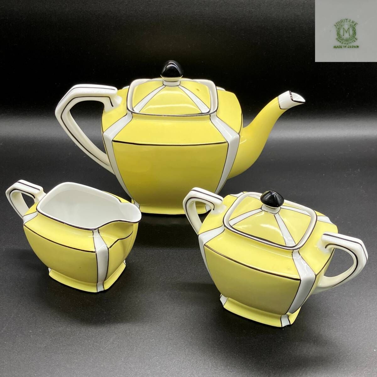 オールドノリタケ アールデコ イエロー ストライプ | ポット シュガー ミルク 3点セット | アンティーク | キャビネット POP_25D