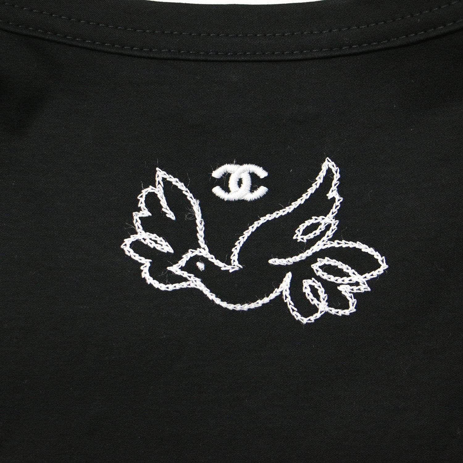 美品 CHANEL シャネル Tシャツ カットソー トップス ブラック ホワイト 黒 白 M 半袖 ジャン コクトー ココマーク P72139 綿  ショート丈 刺繍 鳥