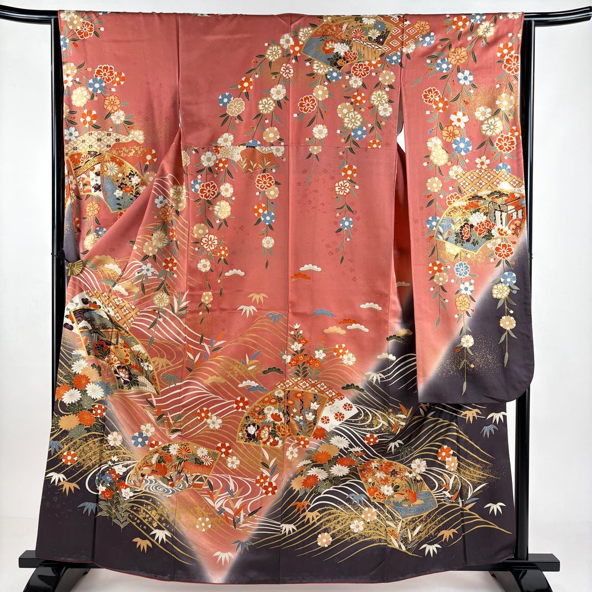 振袖 身丈162cm 裄丈63.5cm S 袷 扇面 草花 金彩 染め分け サーモンピンク 正絹 秀品