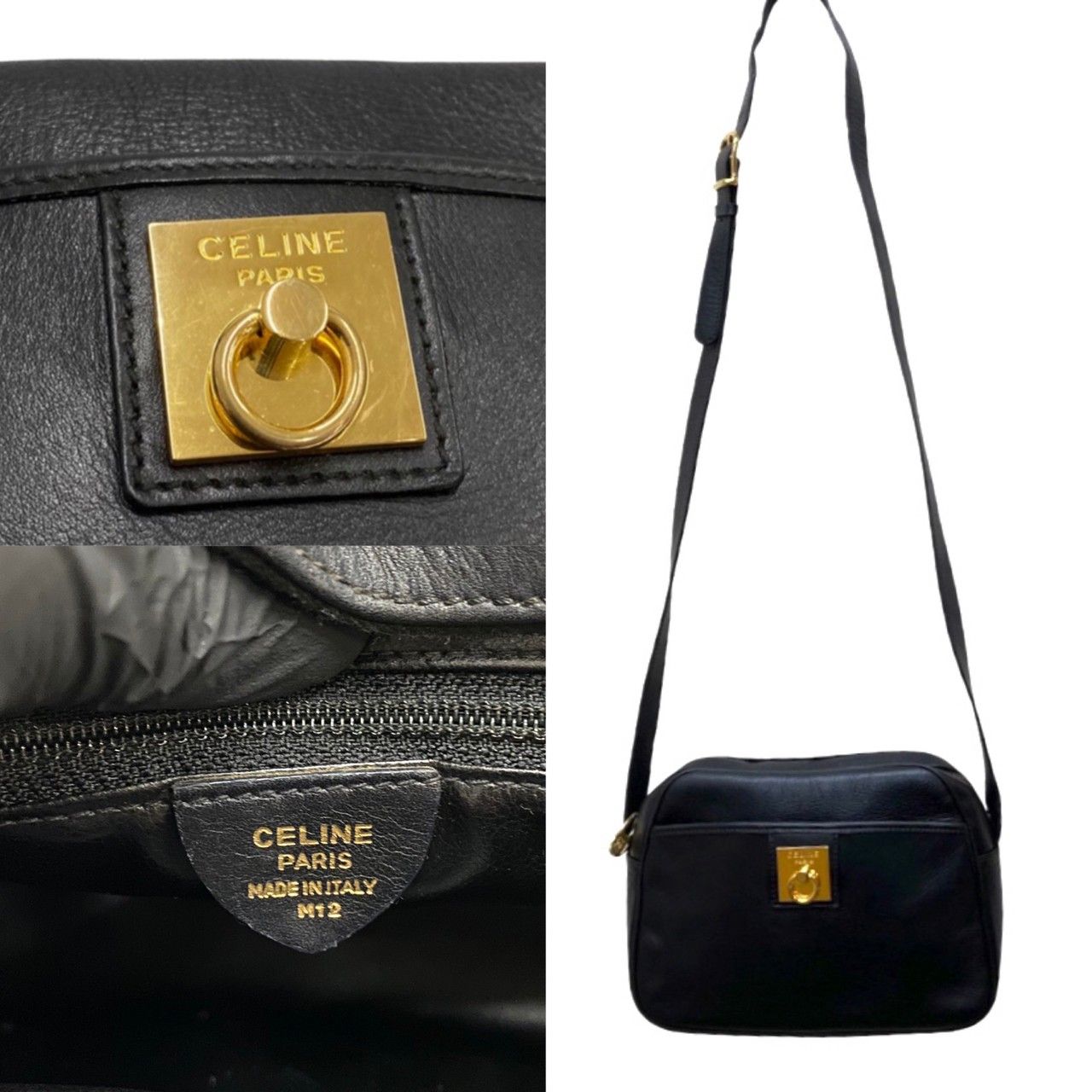 極 美品 CELINE セリーヌ ヴィンテージ リング ロゴ 金具 レザー 本革