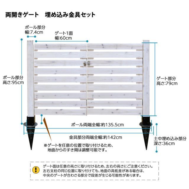 ゲートパネル2枚＋閂錠＋蝶番＋溝なしポール2本＋埋め込み金具2個