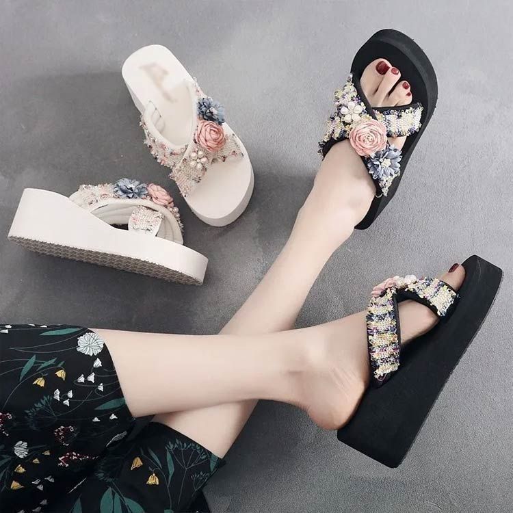 厚底 ビーチサンダル 未使用 スリッパ サンダル フラワー きれいめ 花柄 脚長効果 おしゃれ プール ビーチ かわいい ビーサン フラワーモチーフ 大人 プレゼント 海 美脚 リゾート 滑り止め 