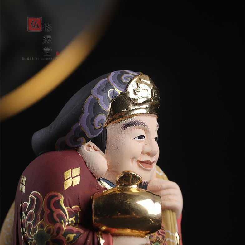 修縁堂】木彫り 仏像 福神大黒天立像 総檜材 仏教工芸 彩繪 本金 切金 