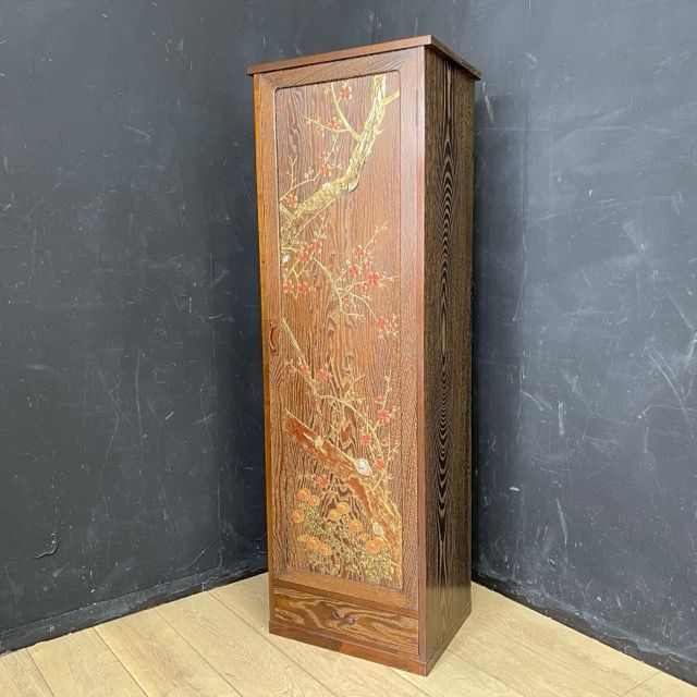 三味線 箪笥 2棹がけ 収納棚 梅 蒔絵? 小物引出し付き 約41x30x124cm 和楽器 ケース|510315