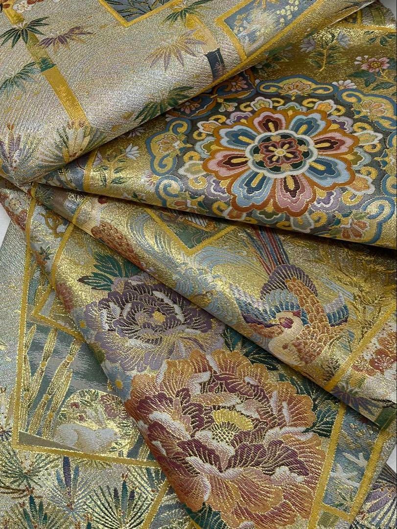 西陣あさぎ 全通 丸帯 兎 鳥 竹笹 華紋 牡丹 流水色紙文様 金糸 正絹