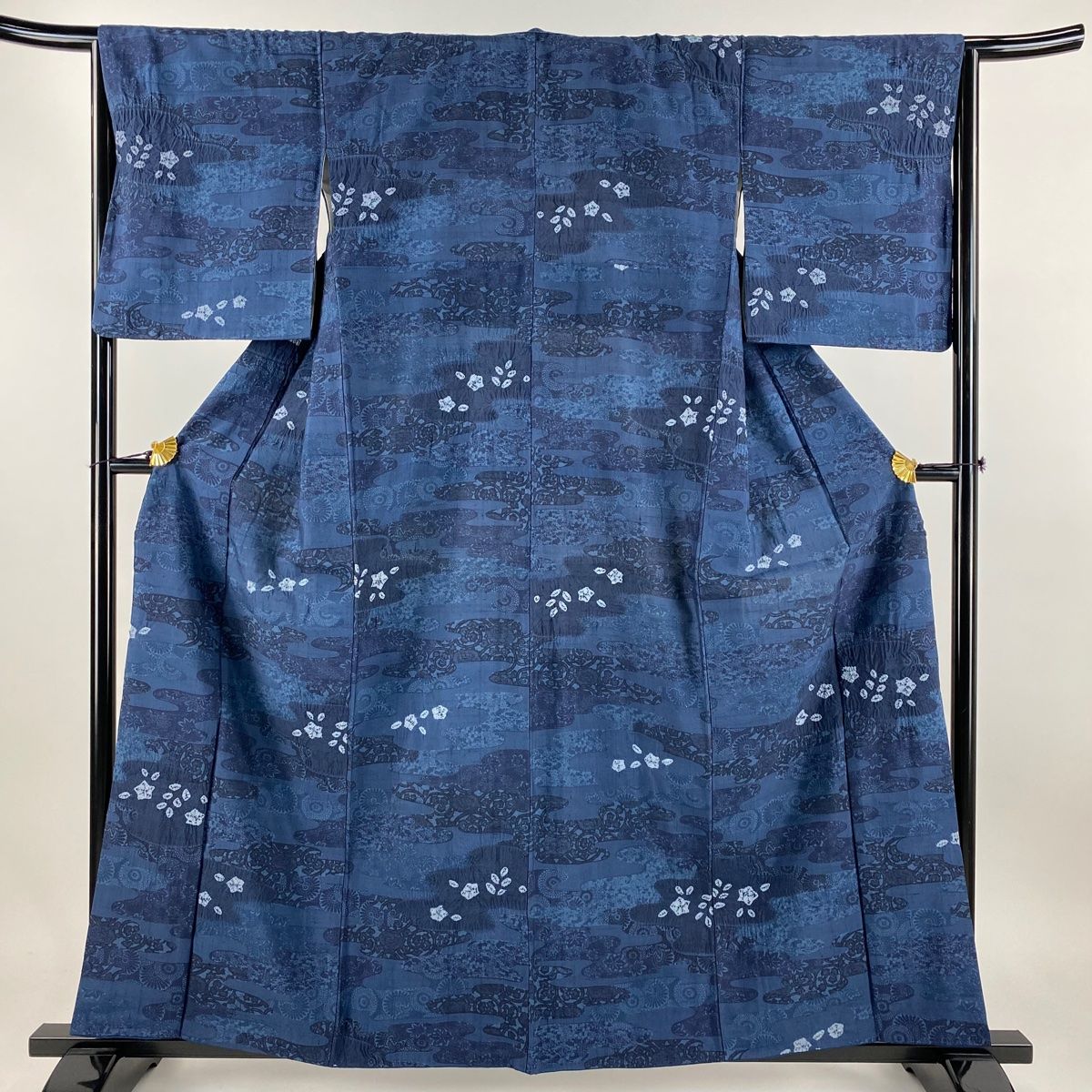 紬 紺色 草花 幾何学 正絹 美品 仕付け糸付き セット販売