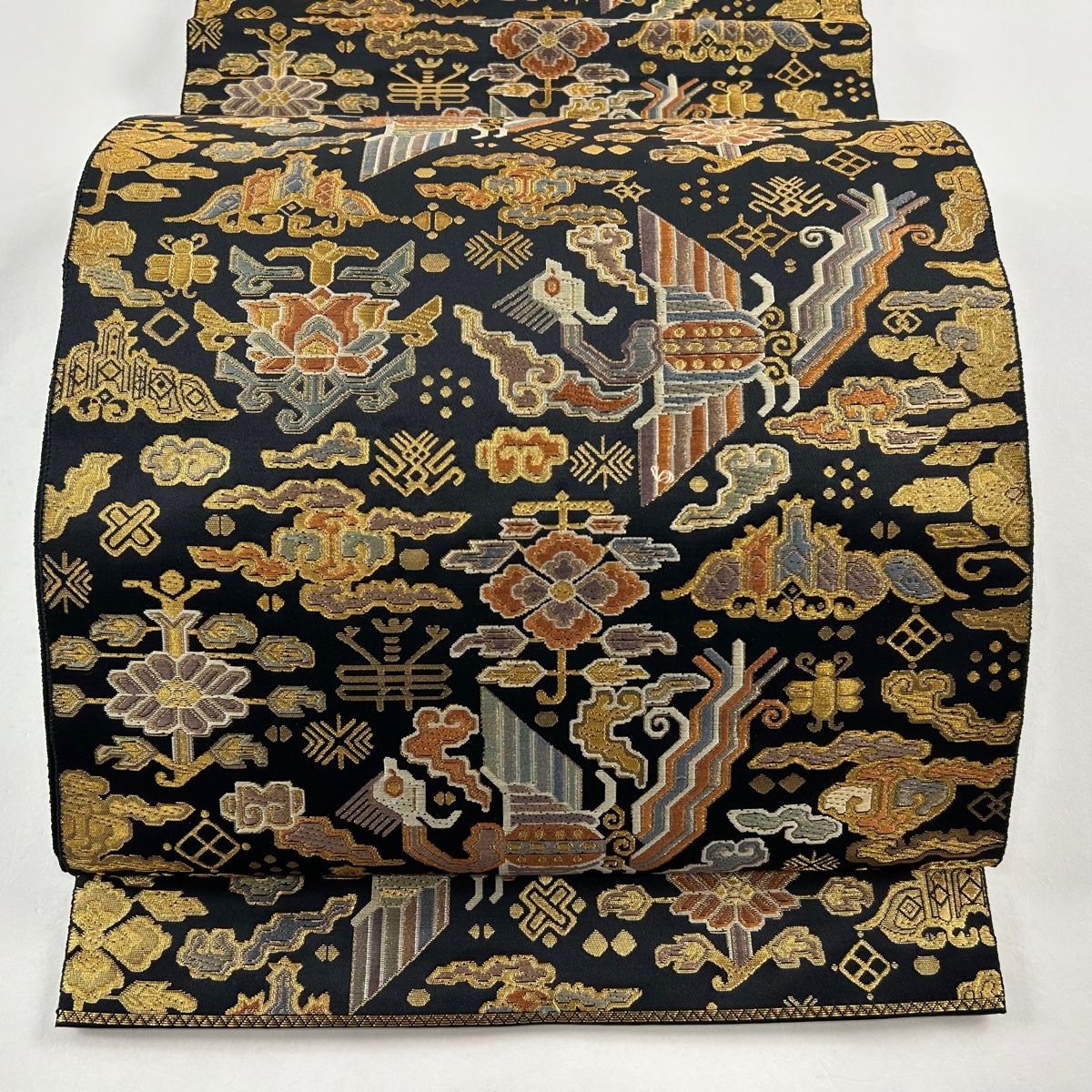 袋帯 美品 秀品 大和錦 草花 鳥 金糸 箔 黒 六通 正絹 【中古