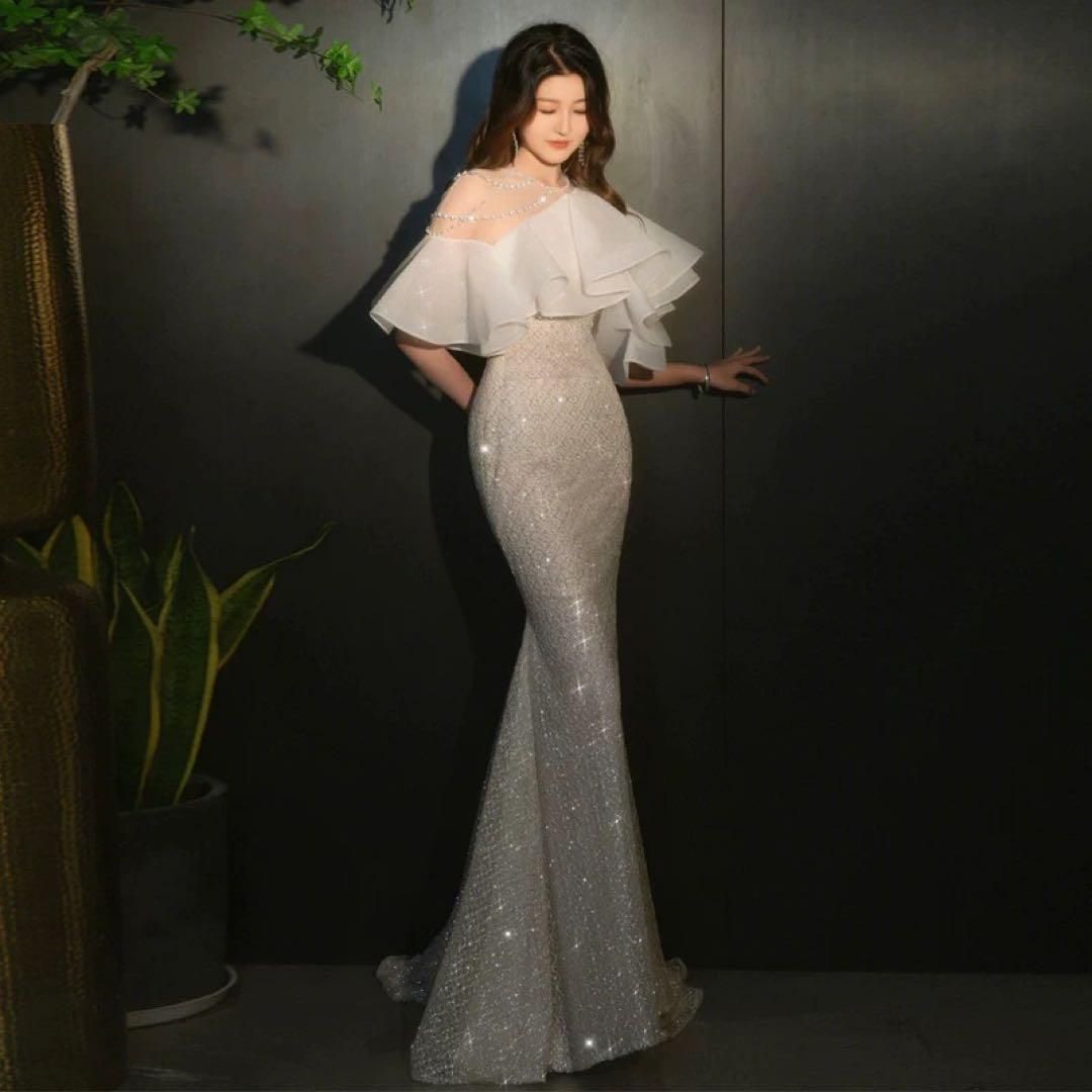 レディースファッション シースルービジューショルダー 美しいマーメイドラインのロングドレス パーティー用