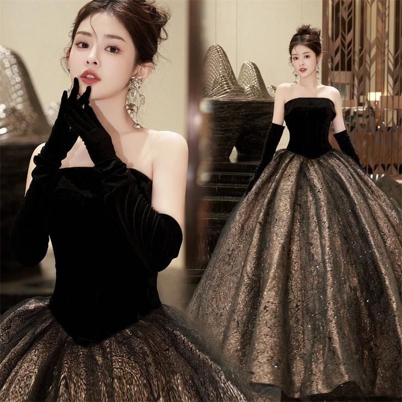 ドレス プリンセスライン ブラック ベアトップ ロングドレス ウェディングドレス 結婚式 二次会 花嫁 演奏会