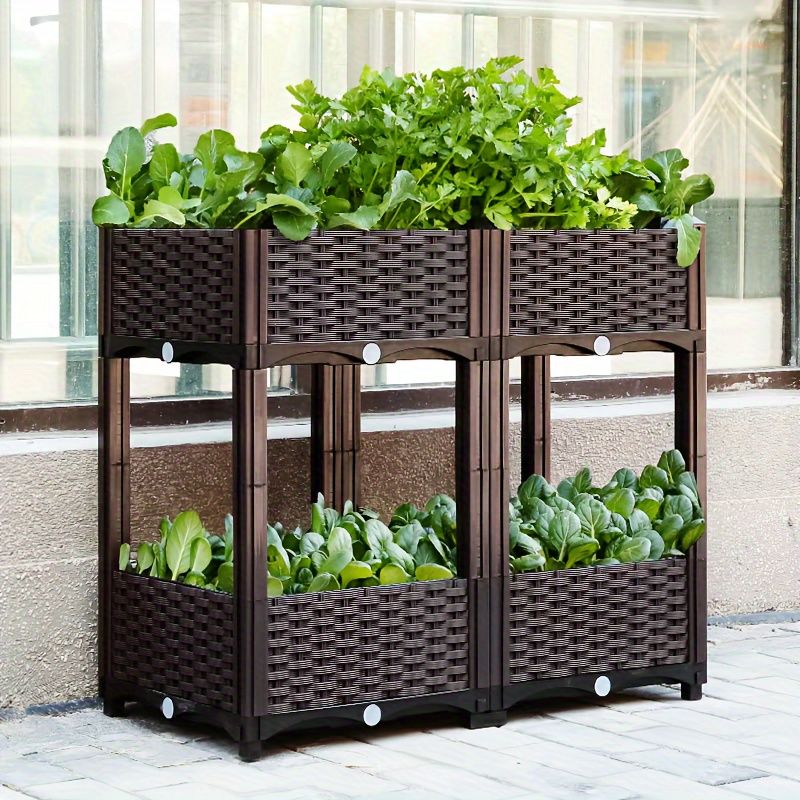 クラシックスタイルの自動給水機能付き高床式菜園キット - 野菜|花|ハーブ用のプラスチック製高床プランターボックス 排水機能付きの簡単な組み立て 複数のコンポーネントが含まれています
