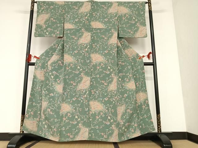 【いあ2412高級縮緬小紋正絹レアカラー】 鬼しぼ縮緬 小紋 カーキ 黒［K080］ | kimono ulala