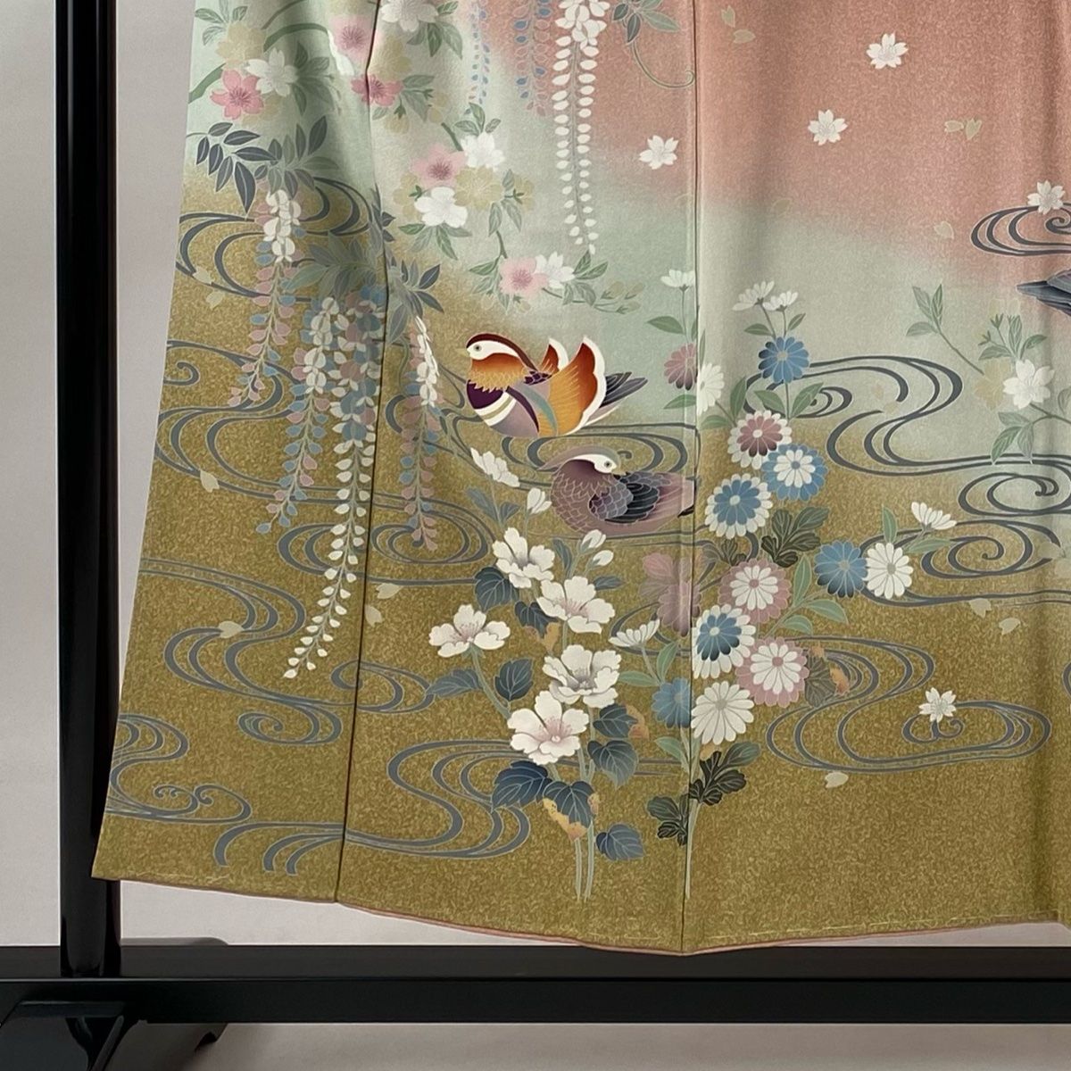 訪問着 身丈153cm 裄丈63cm S 袷 落款 鴛鴦 桜 染め分け ぼかし ピンク  