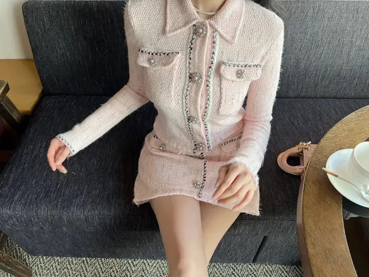 ベビーピンク セットアップ カラ セットアップ ニットカーディガン スカート セット ワイ