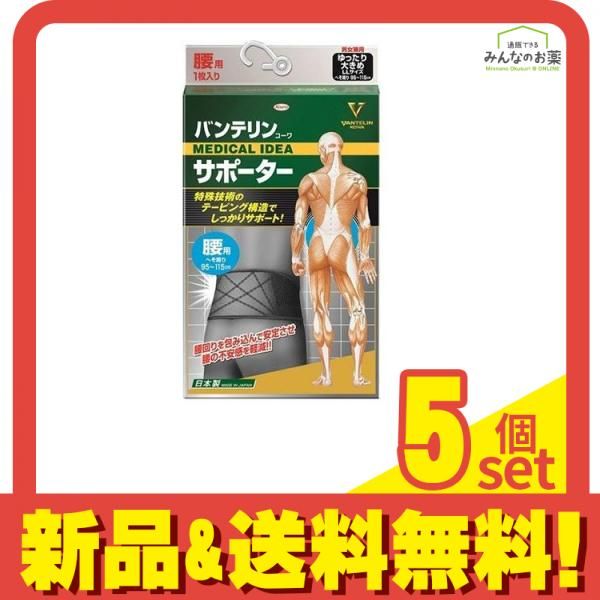 バンテリンコーワサポーター 腰用 男女兼用 ゆったり大きめLLサイズ 1枚入 ブラック 5個セット