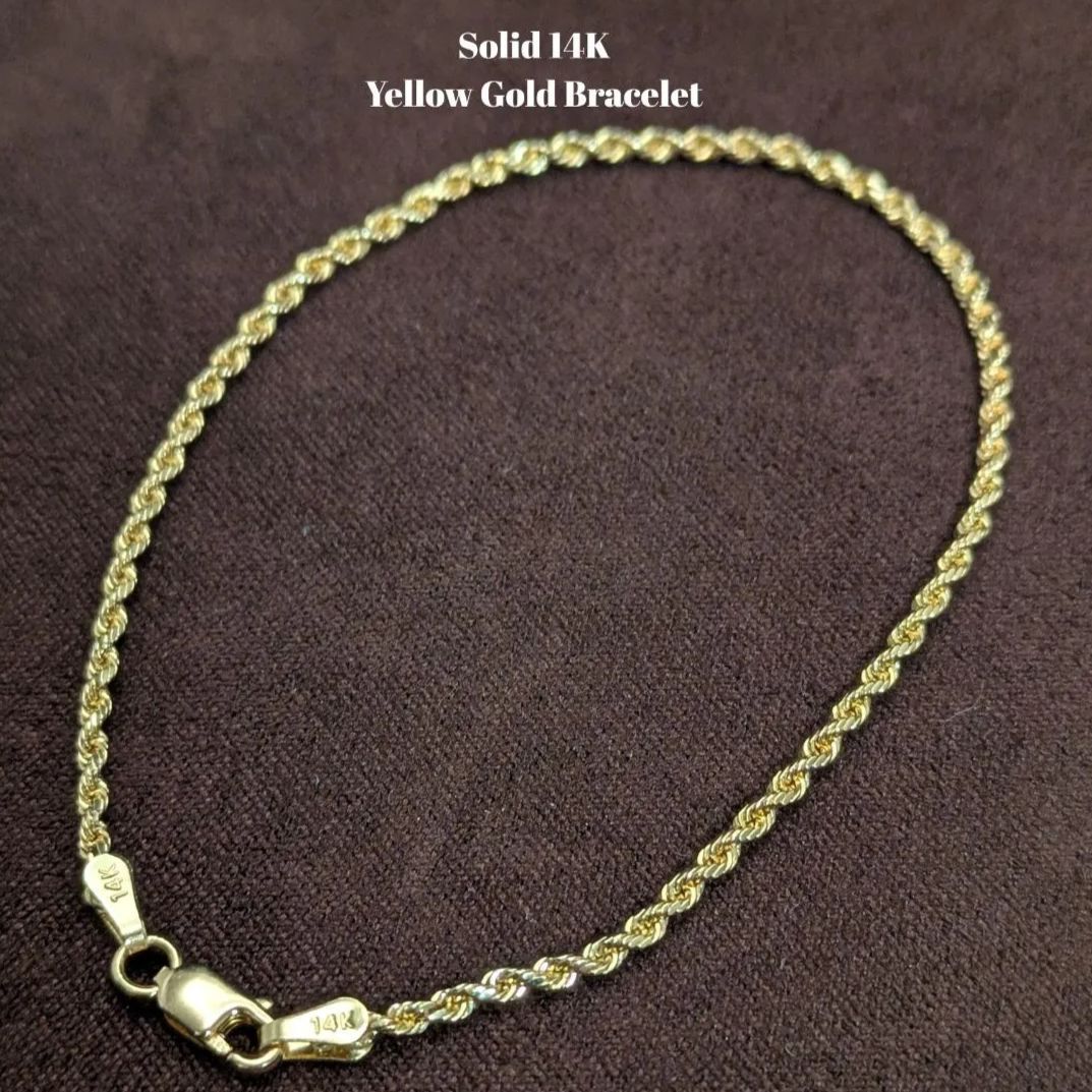 14K無垢 イエローゴールド ダイヤモンドカット ロープチェーンブレスレット 17.5cm ソリッド14金 レディース メンズ兼用