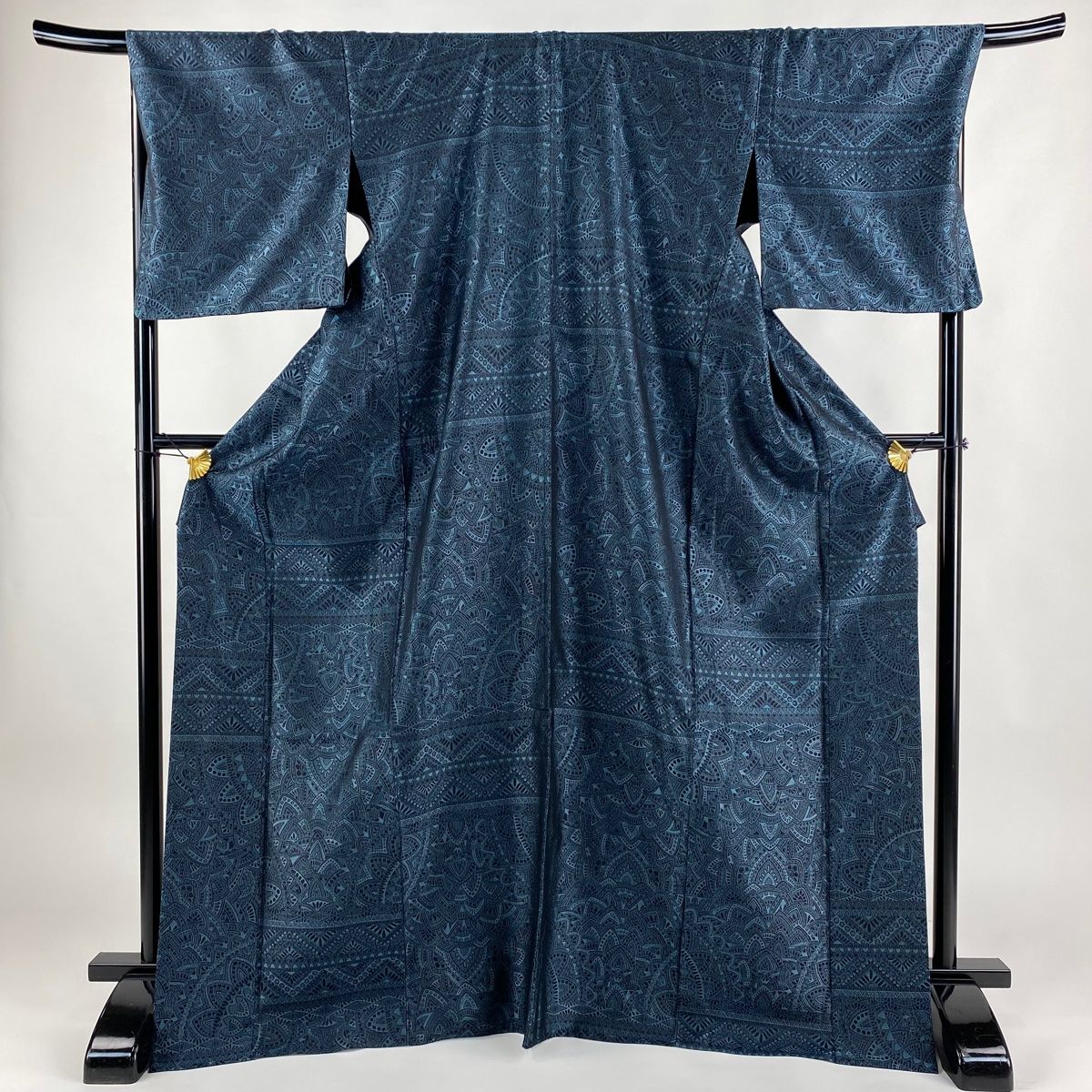 お召 身丈171.5cm 裄丈69cm L 単衣 幾何学模様 銀通し 青緑 正絹
