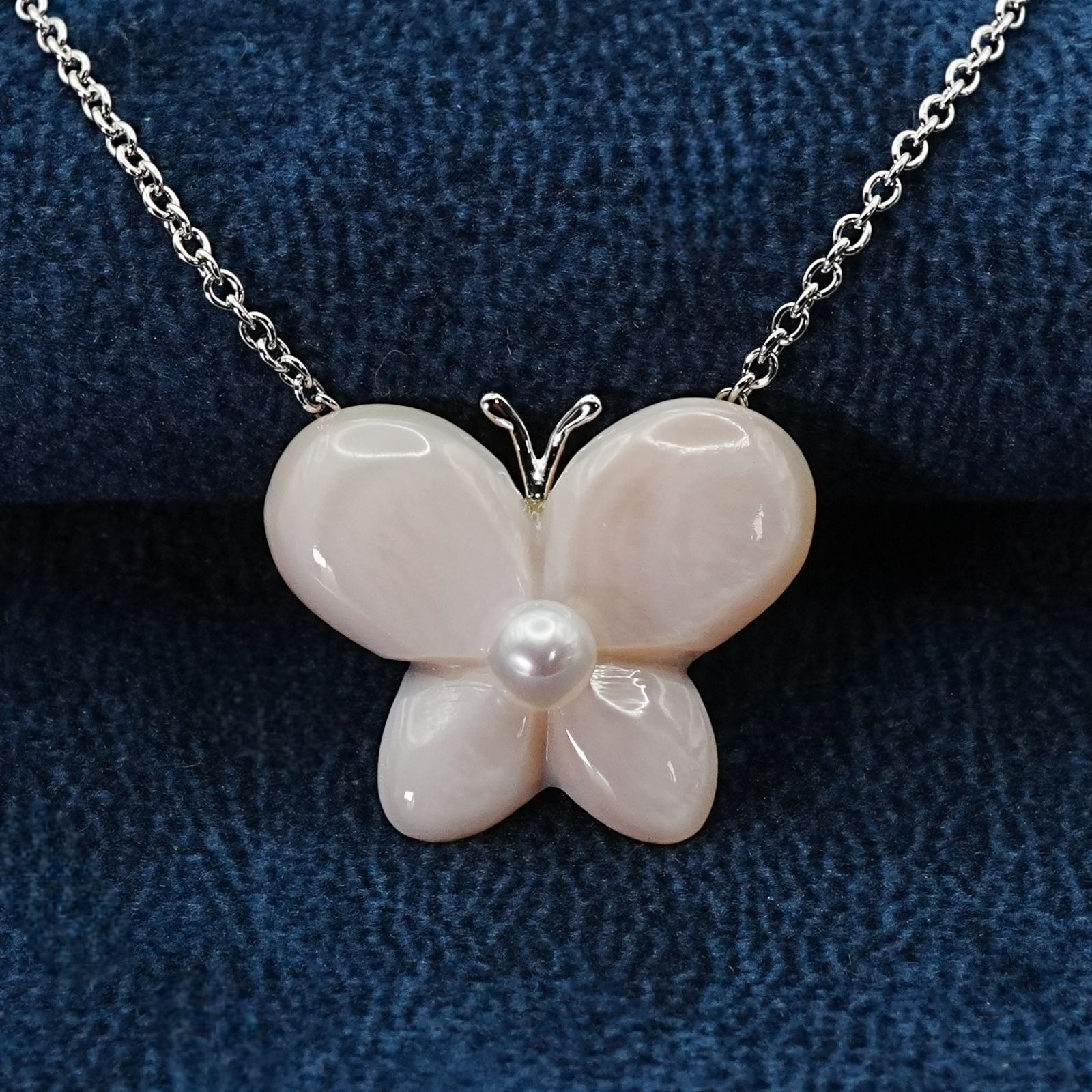 美品 田崎真珠 シェル×ベビーパール 蝶 ネックレス シルバー/25-1602S