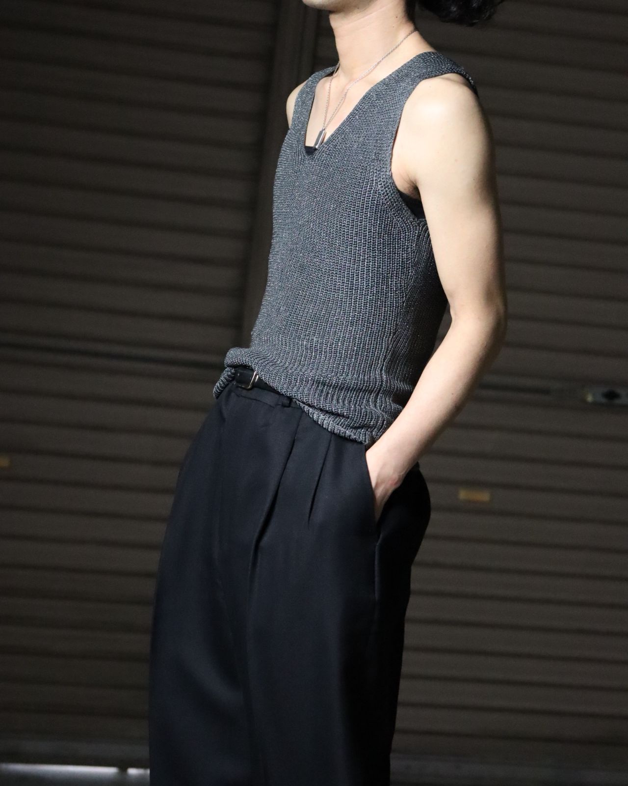 silver lamé color ribbed sleeveless knit top シルバー カラー ラメ 