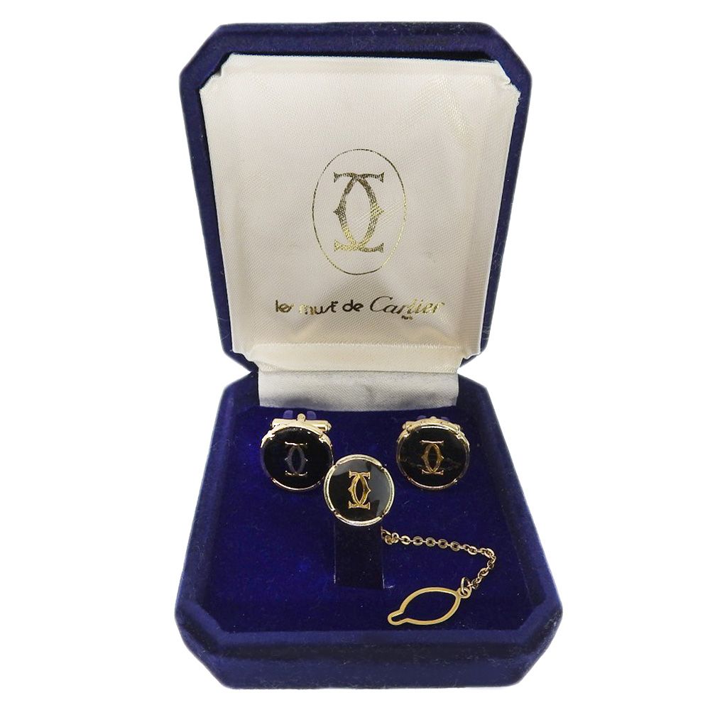 カルティエ　カフス　タイピン　セット販売　ロゴ　ブラック　美品　ヴィンテージ 本物保証】 箱付 カルティエ CARTIER ロゴ カフス・タイピン