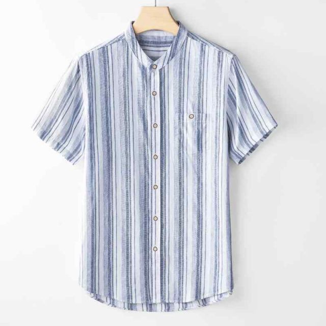メンズ ファッション 服 男性用 オシャレ シンプル 大人 かっこいい 大きいサイズ ストリート 紳士服 夏 縦縞 リネン 半袖 シャツ カジュアル スタンドカラー シャツ レトロ 綿 リネン 服