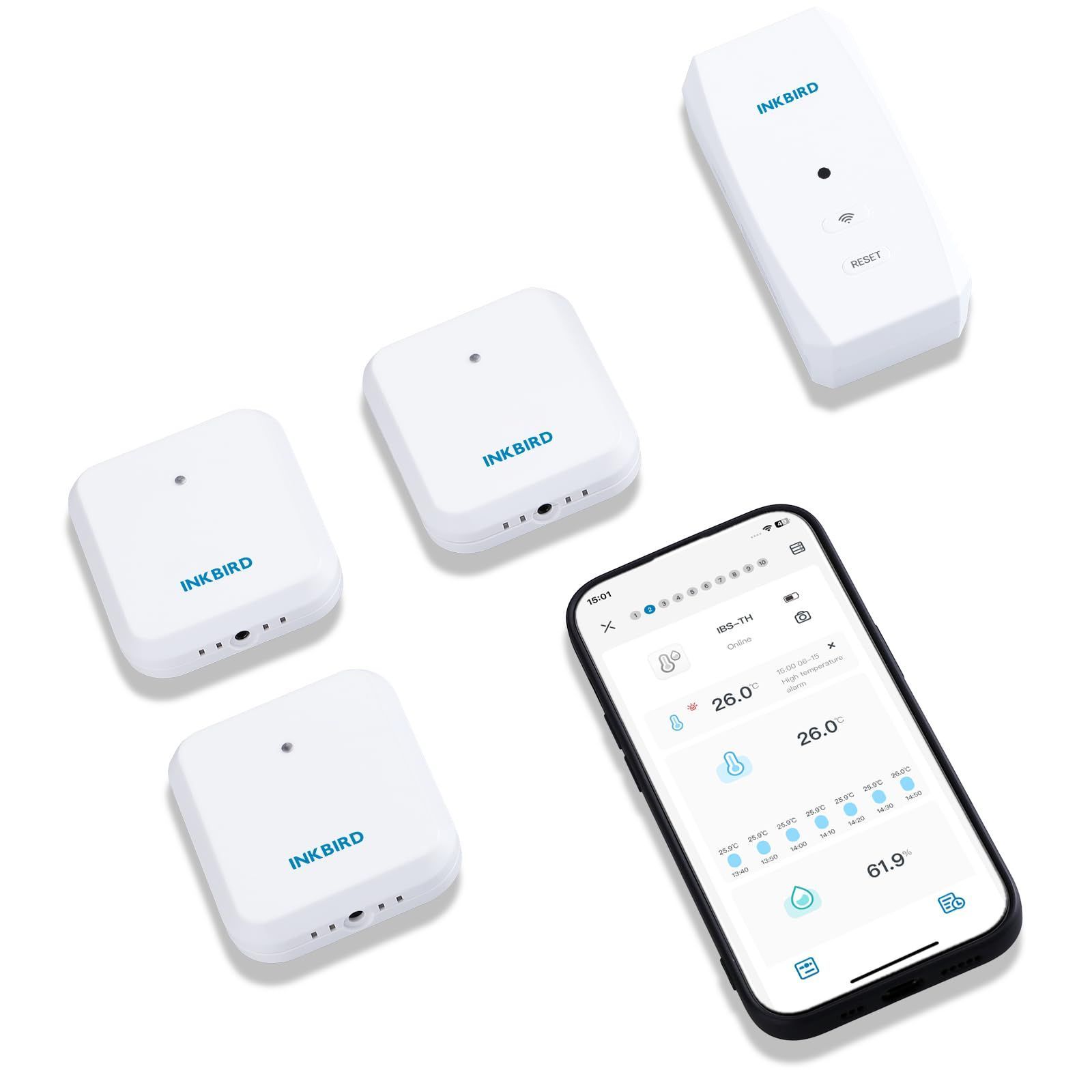 IBS-M2u0026IBS-TH20R-O*3 INKBIRD Wi-Fi 温度計 湿度計 ワイヤレス 温湿度計 WiFiハブ 高精度 温湿度センサー アプリ対応 アラート付き （1 WiFiハブ + 3 ワイヤレス温湿度計）