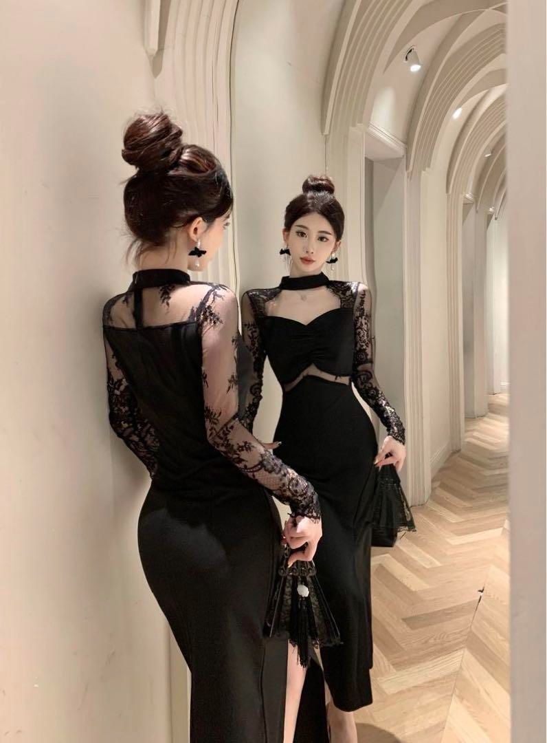 【美しいレースが特徴】ドレス　ひざ丈　セクシーなカットラインと切り替えレース 美しいレースが特徴】ドレス ひざ丈 セクシーなカットラインと