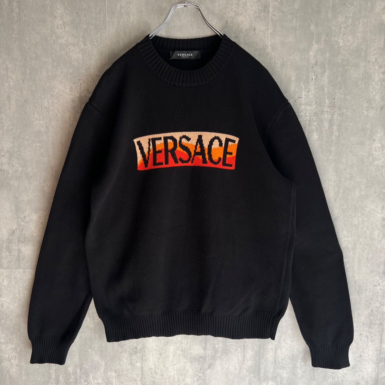 VERSACE ヴェルサーチ 現行品 コットン クルーネックニットセーター ブラック ボックスロゴ イタリア製 52サイズ QR真贋済み
