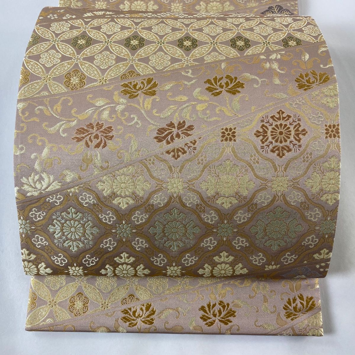 袋帯 美品 名品 落款 正絹錦織 七宝 花唐草 箔 灰紫 六通 正絹 【中古 