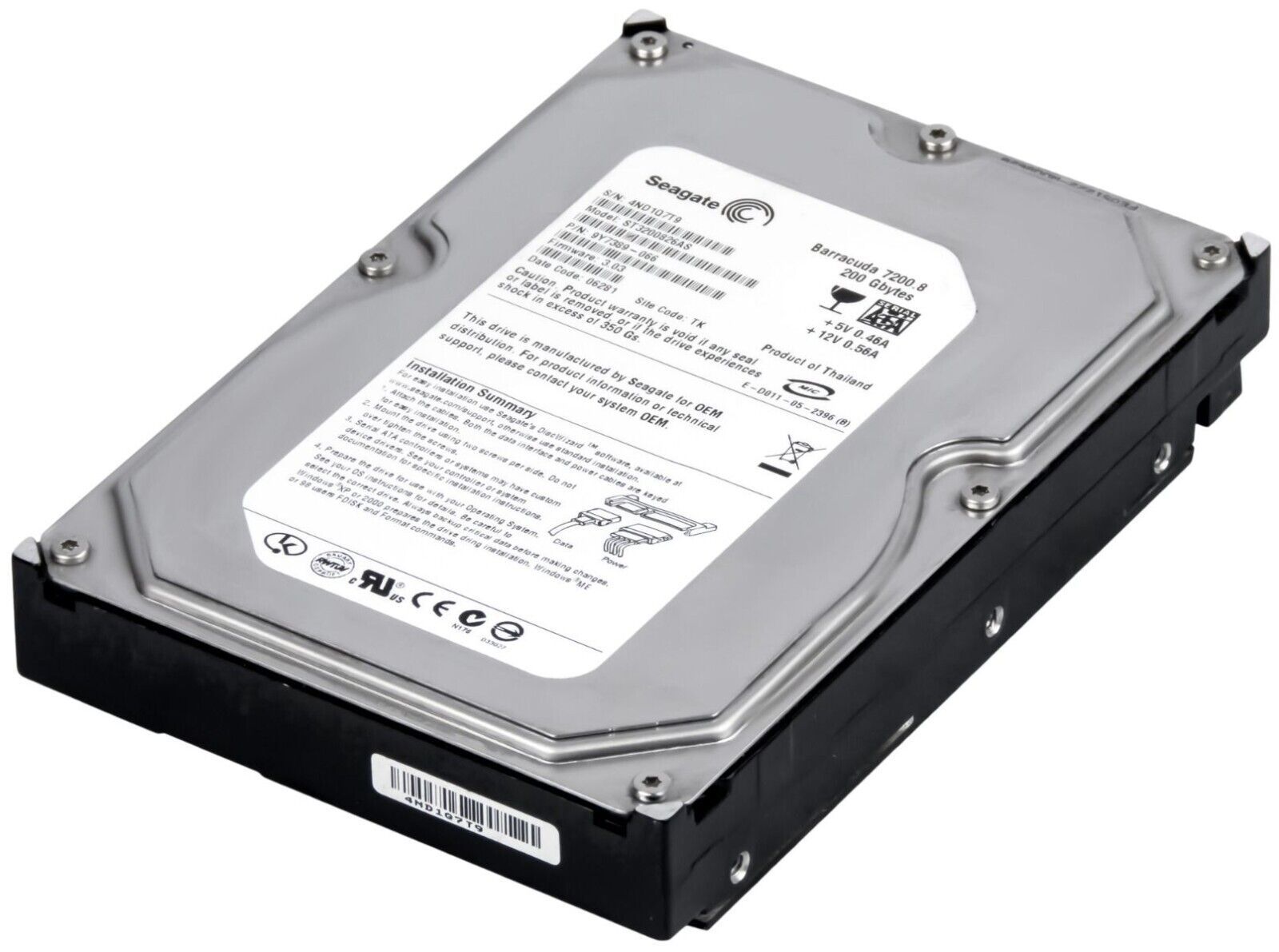 FESTPLATTE SEAGATE BARRACUDA 7200.8 ST3200826AS 200GB 7.2K 8MB SATA 3.5'' Zoll