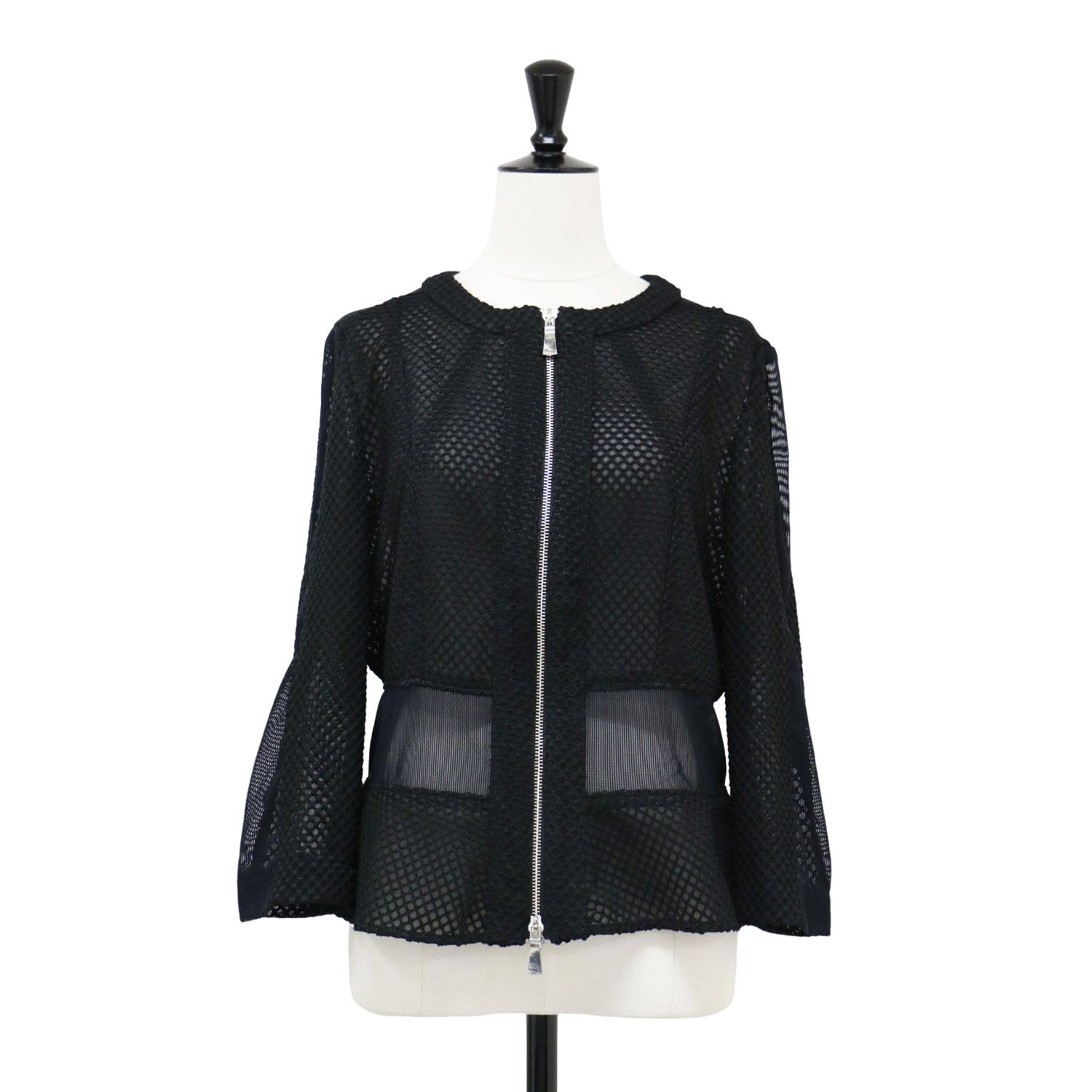 MARELLA マレーラ ジャケット ブラック ネイビー 黒紺 サイズ 44 XXL | メッシュ ジップアップ ジャケット | ノー 長袖 シースルー ウォッシャブル | アウター ブルゾン レディース