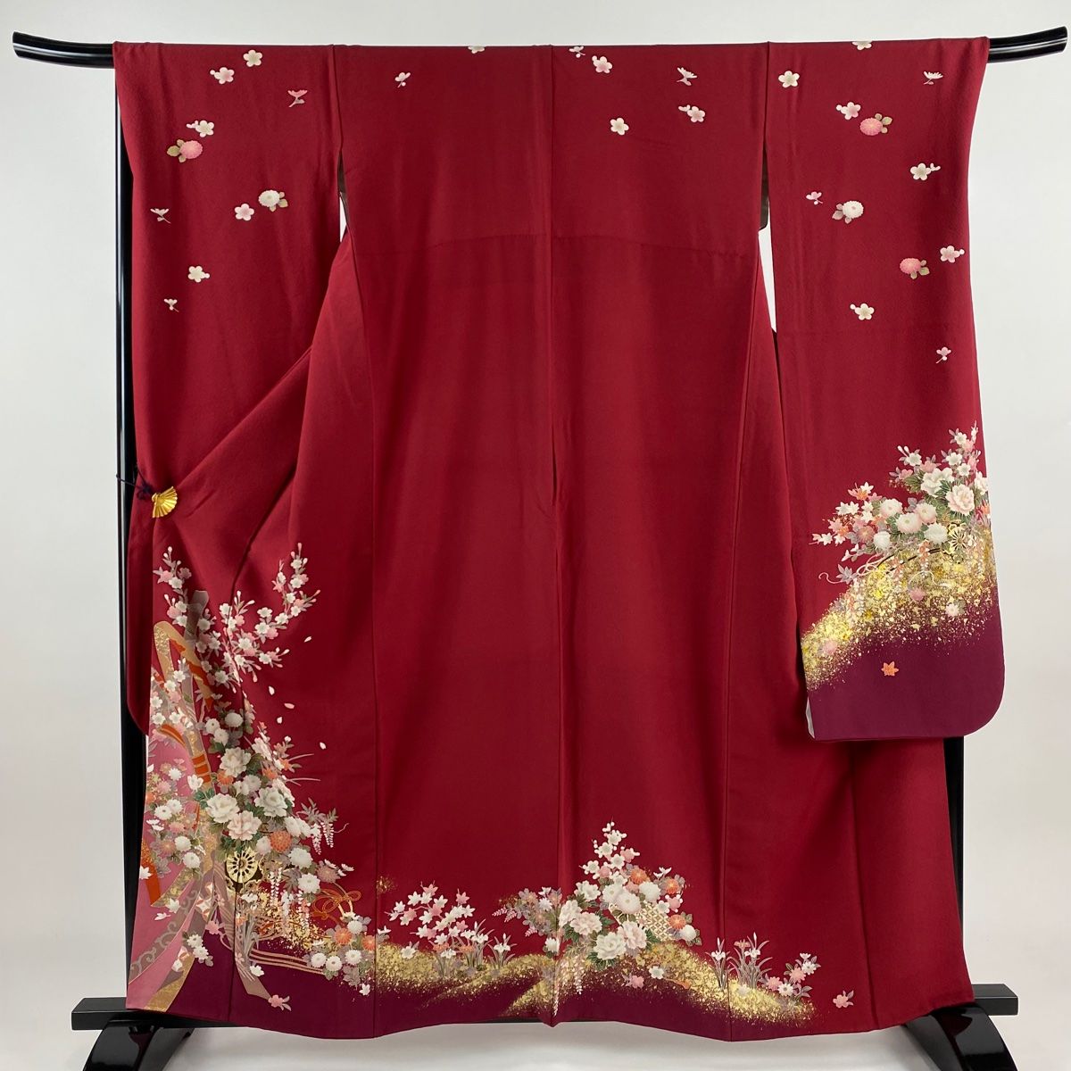 振袖 身丈159cm 裄丈69.5cm L 袷 花車 束ね熨斗 金彩 染め分け 赤 正絹 名品