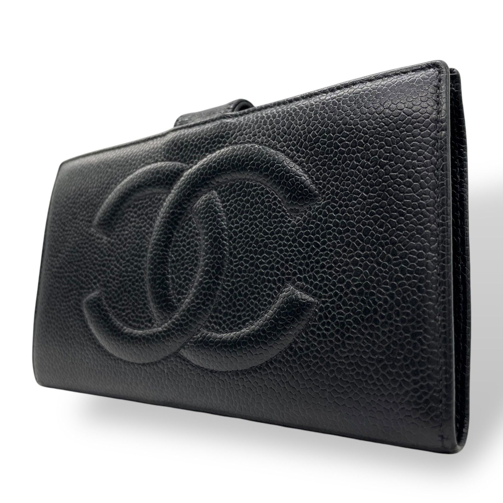美品】CHANEL シャネル キャビアスキン 三つ折り財布 ブラック 