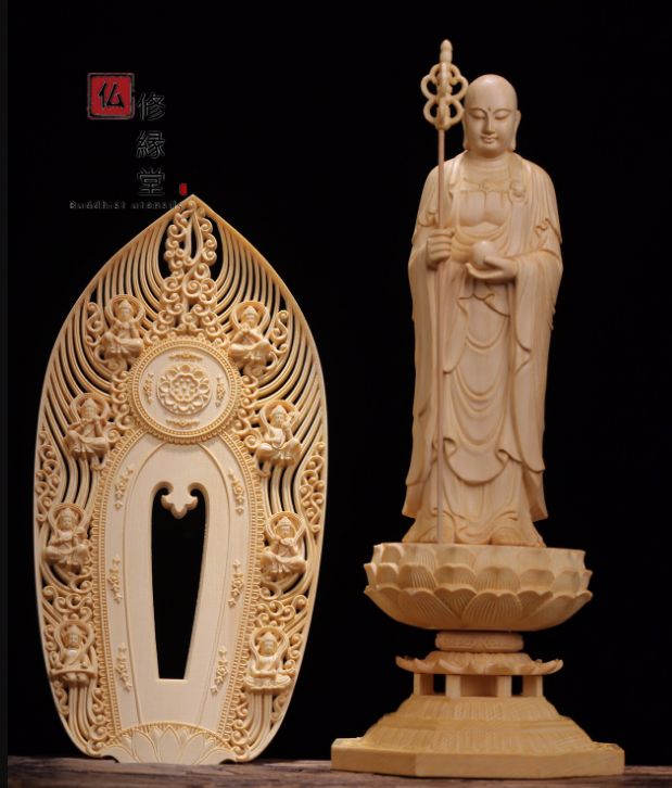 修縁堂】木彫り 仏像 地蔵菩薩立像 仏教工芸 彫刻 購入 一刀彫 天然木檜材