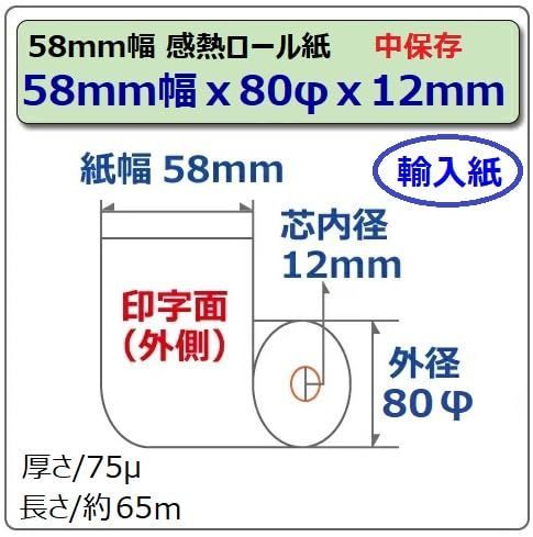 商品 輸入紙 加工 感熱レジロール紙 58mm幅×外径80φ×内径12mm ビジコム純正 80巻 芯あり 中保存 ST588012Y-80H