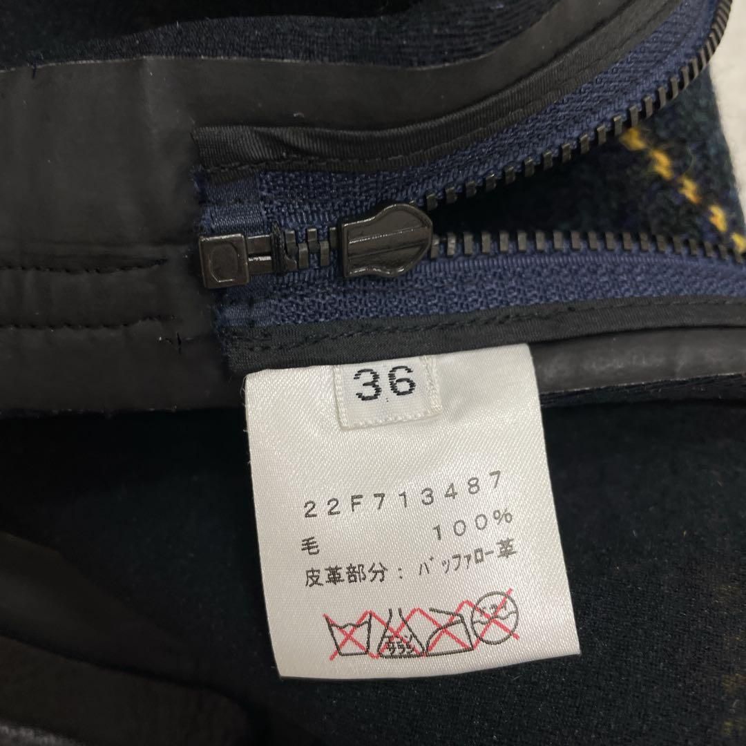 CELINE セリーヌ フィービー期 スカート タータンチェック ツイード バッファローレザー ウール 36 フランス製 SIROKUMA-CORPORATION_COM