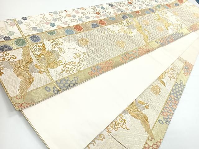 六通柄袋帯 花柄 鳳凰刺繍 ベージュ系 六通柄袋帯 花柄 鳳凰刺繍 ベージュ系