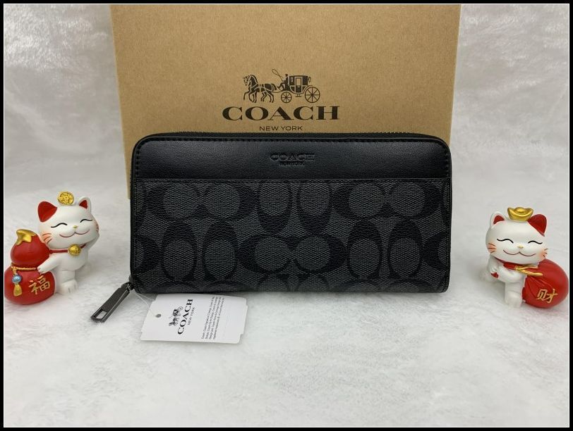 COACH 長財布 コーチ 財布 チャコール×ブラック シグネチャー レザー 小銭入れあり プレゼント 贈り物 ロング ジップ 新品未使用 アコーディオン メンズ ファッション F58112 A292Z-7