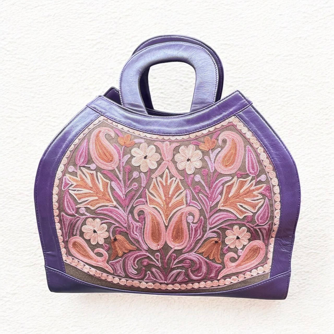 ボストンバッグ 2WAY 牛革 シルク刺繍 カシミール刺繍 パープル 
