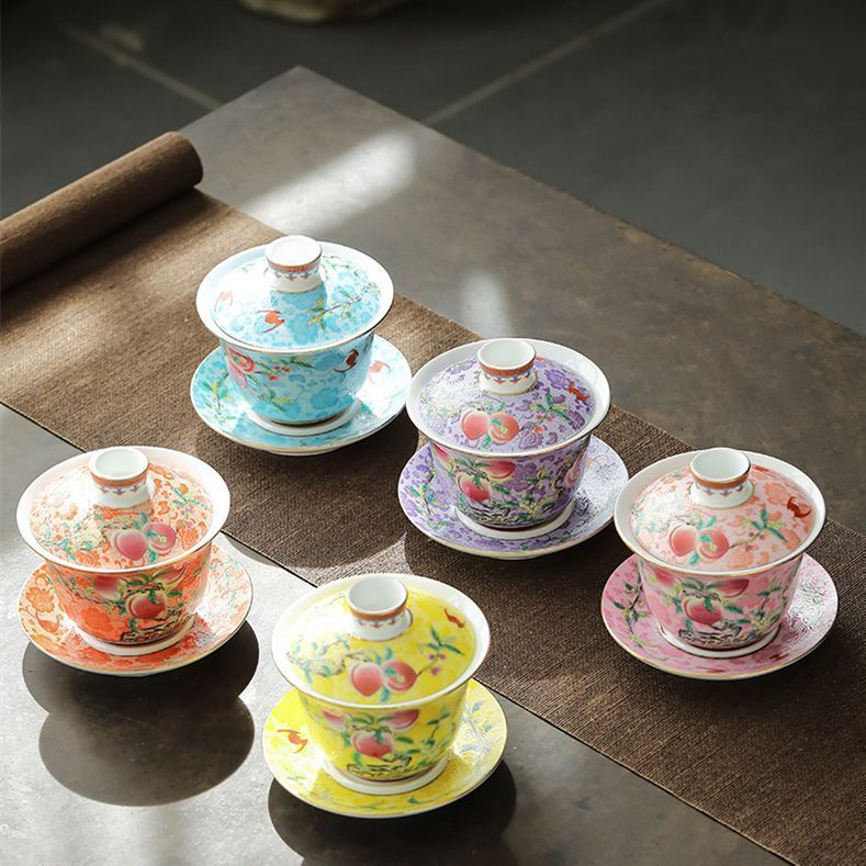 中国茶器 琺瑯万花三才蓋碗 陶磁茶碗 煎茶器 新品未使用