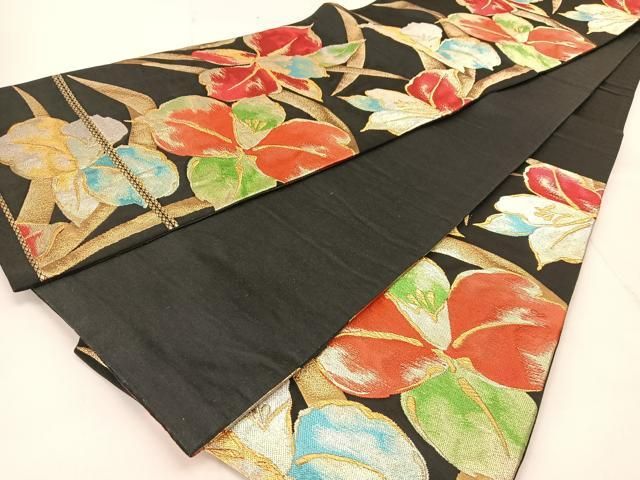 平和屋着物◎六通柄袋帯 唐織 カトレア 黒地 金銀糸 正絹 逸品