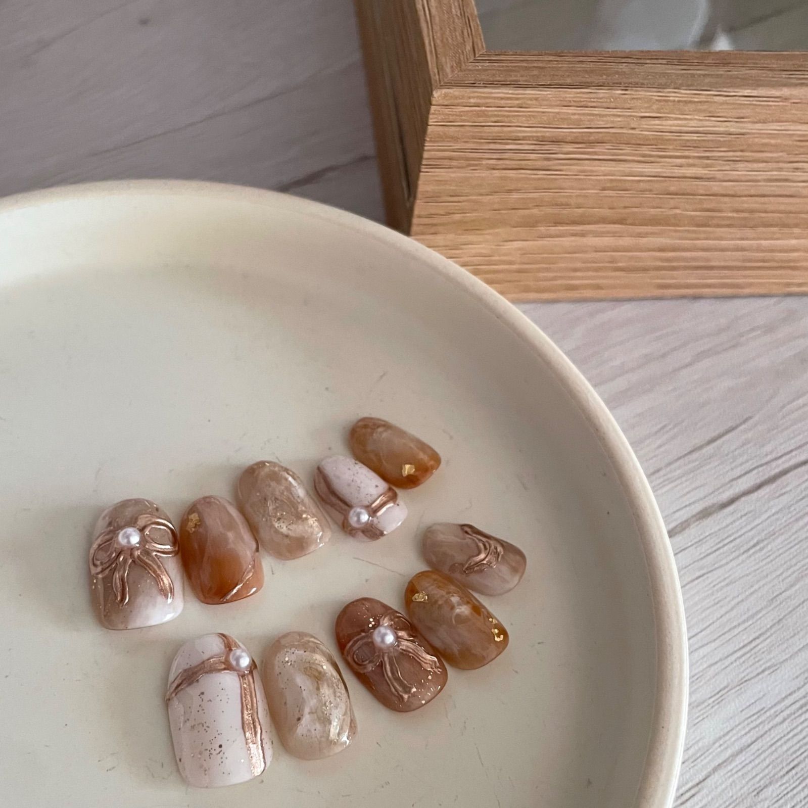 No.044】バレンタインネイルチップ♡ツイード♡リボン♡ブラウン No